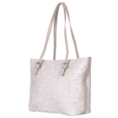 Кожена чанта, с щампа с флорален мотив Emilia, светло бежова