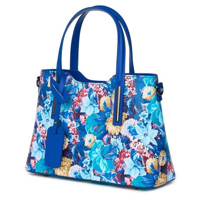 Чанта от естествена кожа с флорални мотиви Mariella FF2, сини дръжки