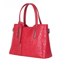 Чанта от естествена кожа с флорални мотиви Samantha, червена