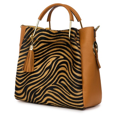 Дамска чанта естествена кожа с косъм от пони Fabiana коняк/зебра