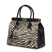 Чанта от естествена кожа Bianca, черна/зебра